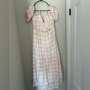 Pink plaid off the shoulder dress
